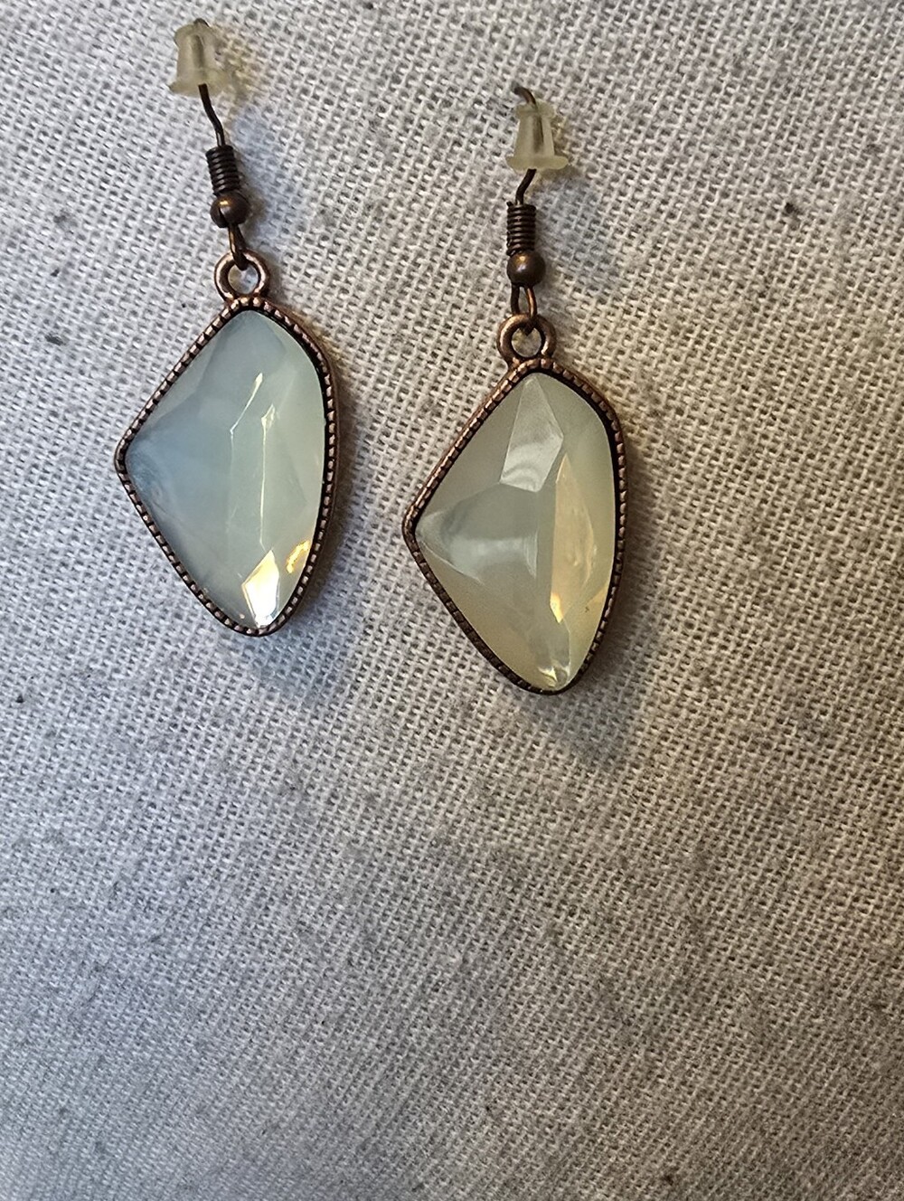 Faceted Pale Opalescent Drop Earrings in Antique Copper